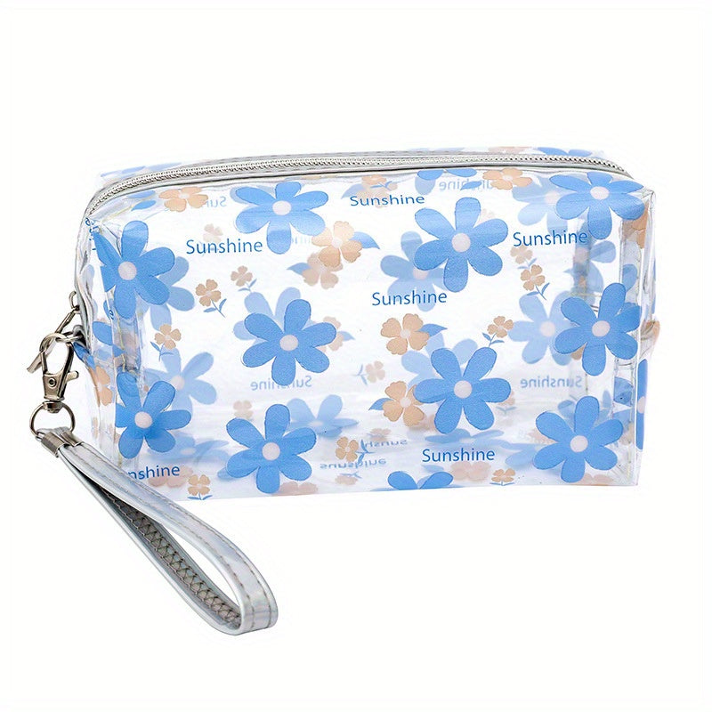 Floral Pattern PVC Makeup Bag Clear Cosmetic Bag With Wrist Strap