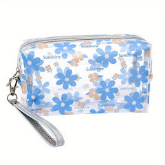 Floral Pattern PVC Makeup Bag Clear Cosmetic Bag With Wrist Strap