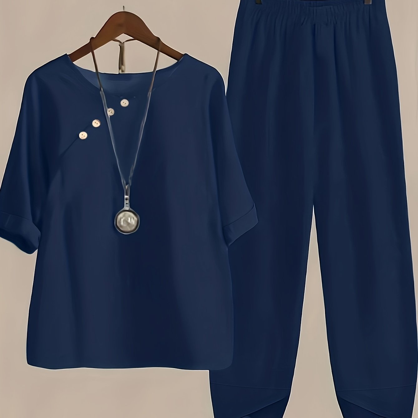 Casual Two piece Set Crew Neck Half Sleeve Tops & Elastic Waist Pants