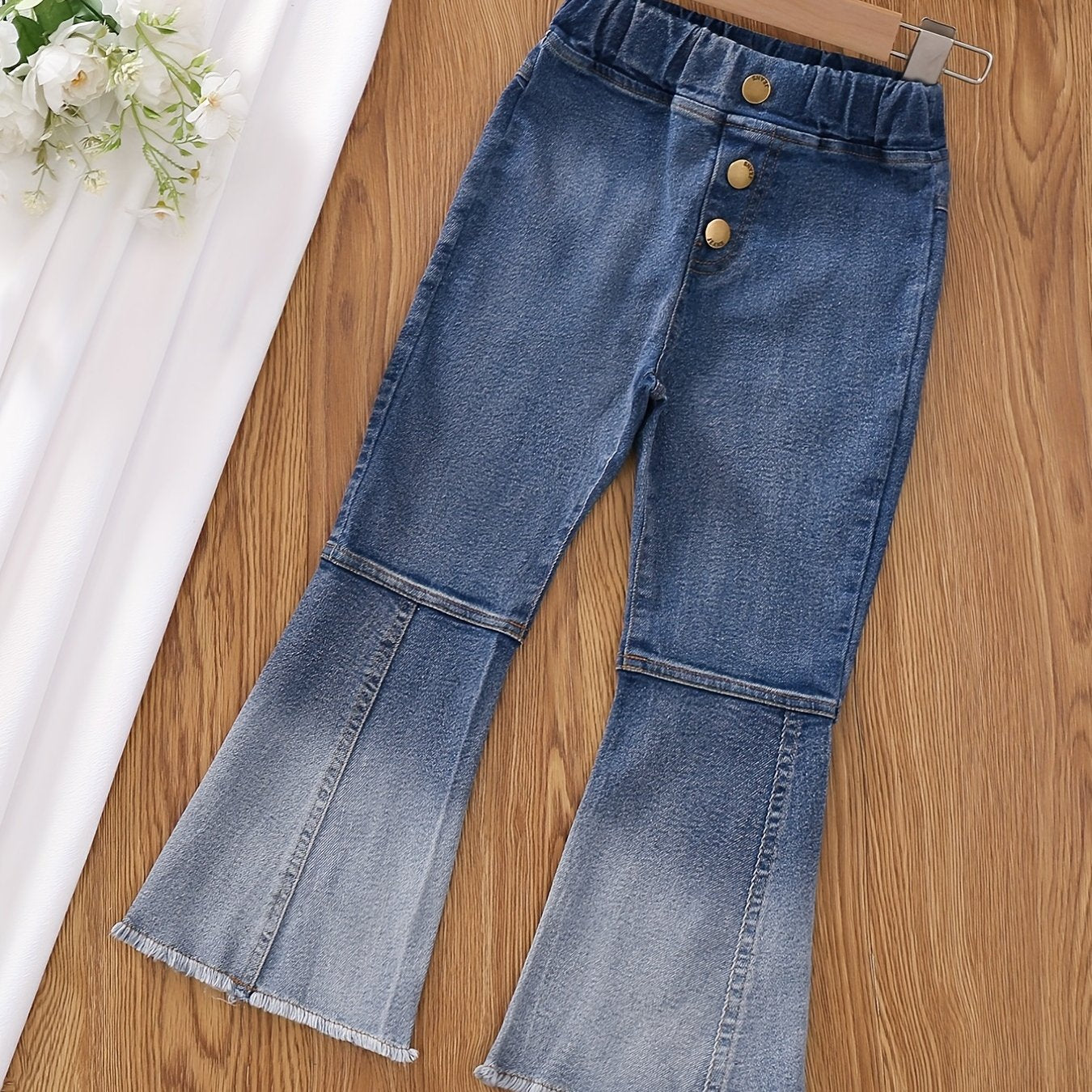 Girls Gradient & Lines Stitching Skinny Jeans Flare Leg Denim Pants