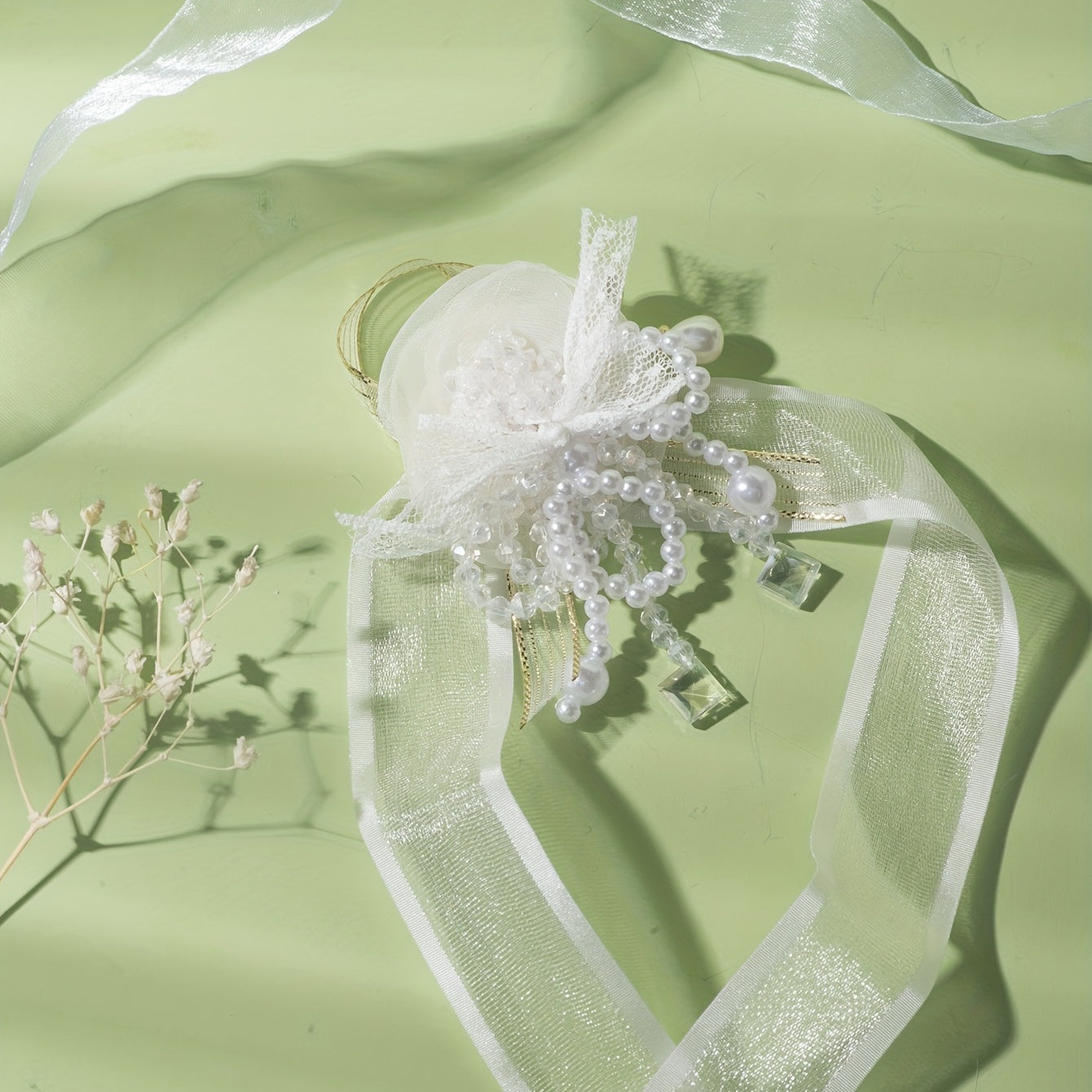 Mesh Bowknot Wristband Faux Pearl Crystal Bridal Wedding Jewelry