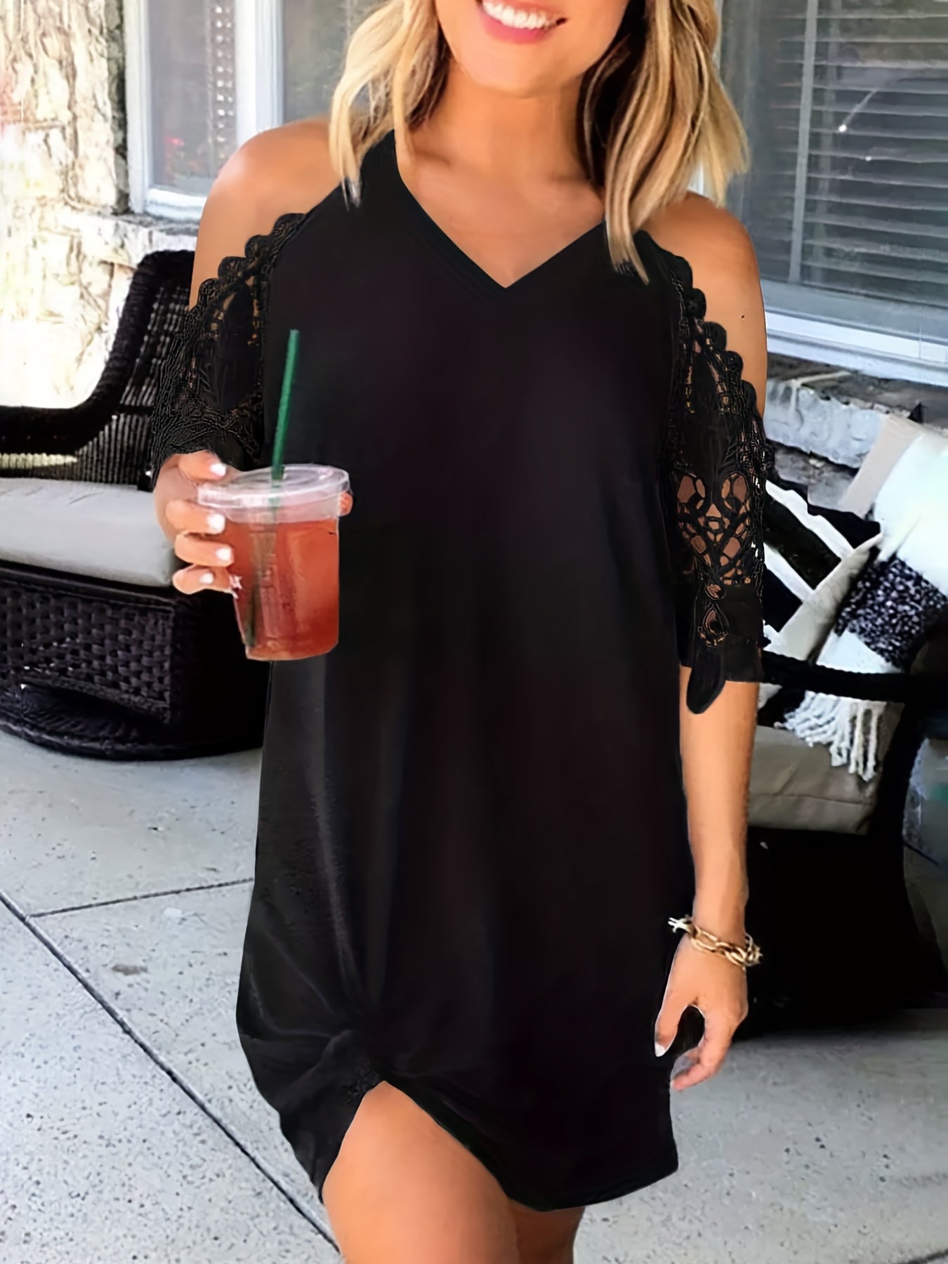 Cold Shoulder Lace V Neck Stretch Dress