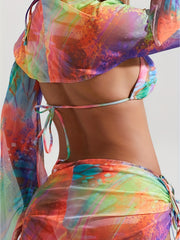 Rainbow Tie Neck Bikini & Bell Sleeve Shrug Wrap Coverups