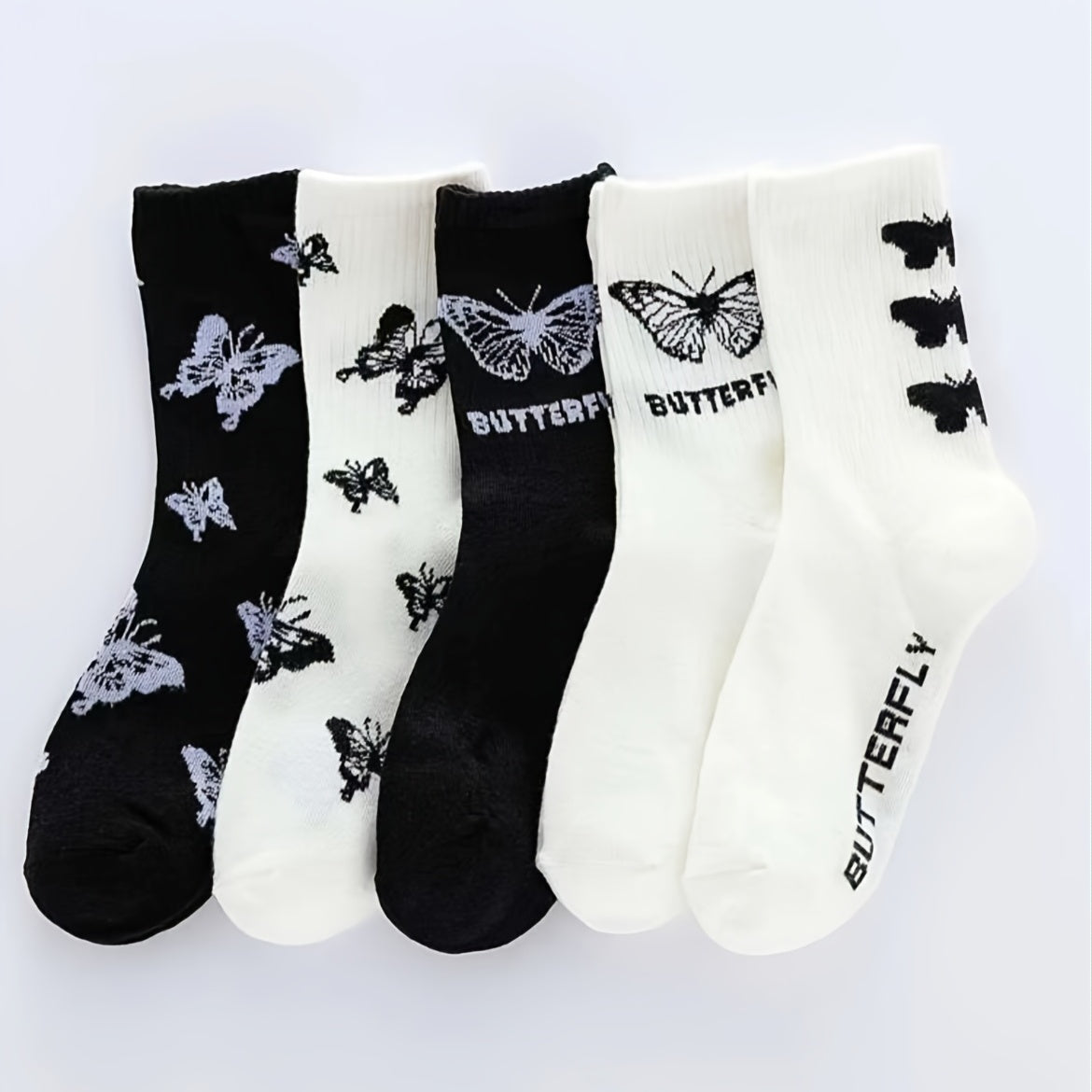5 Pairs Butterfly Graphic Print Crew Socks Women's Stockings & Hosiery