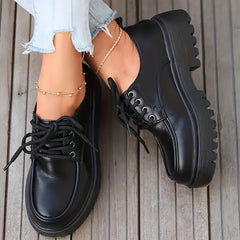 Women's Chunky Heel Loafers Lace Up Faux Leather Comfortable Walking Shoes