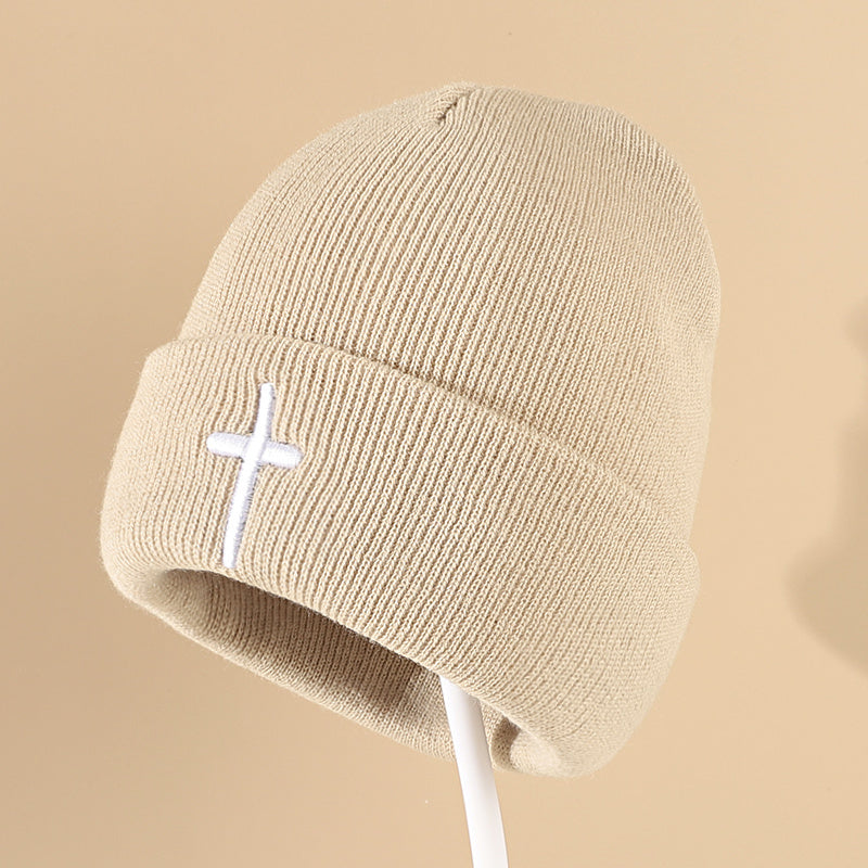 Cross Embroidery Knitted Hat Men's Beanie