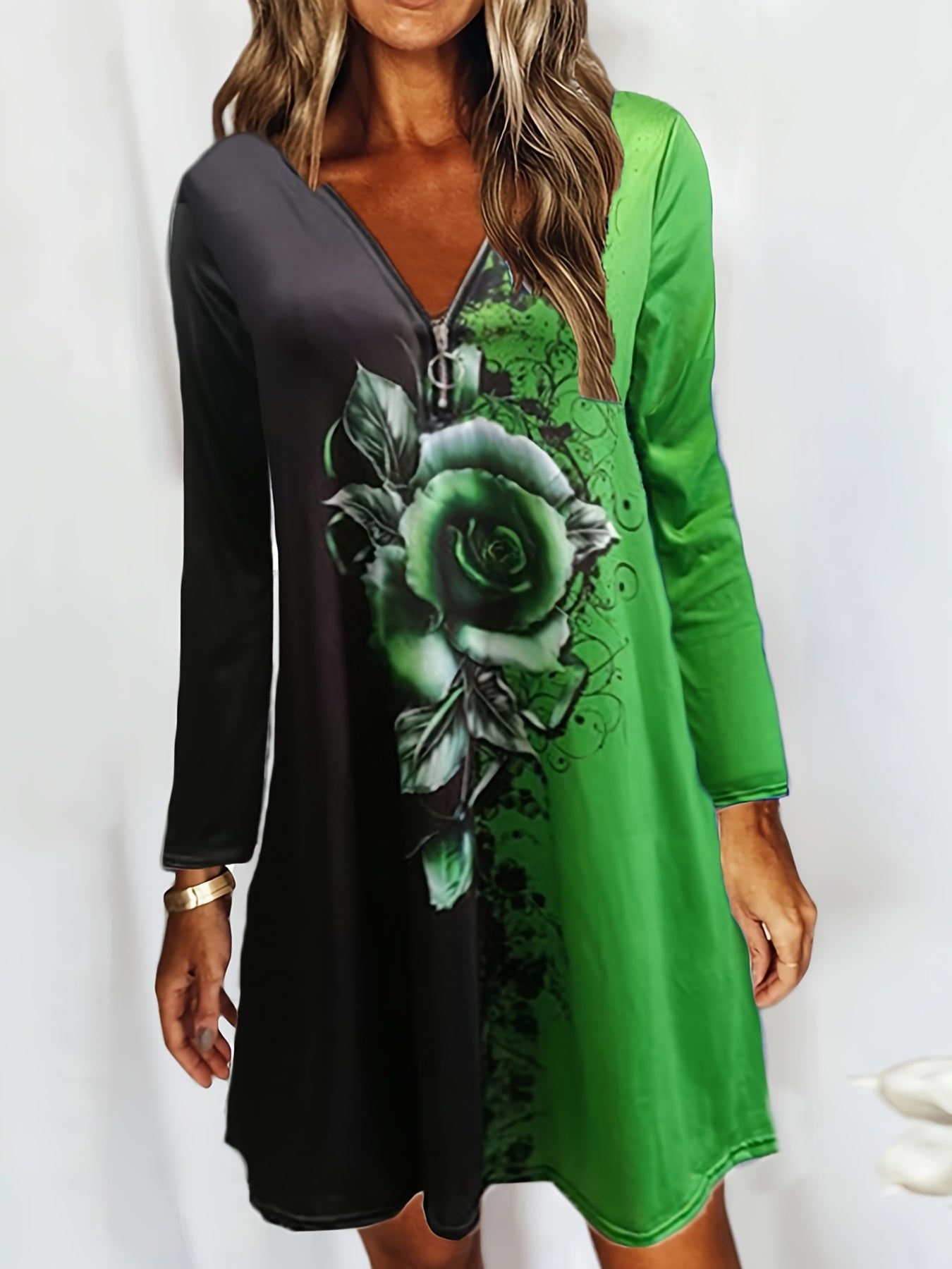 Floral Print Zip V Neck Dress Long Sleeve Casual Mini Dress