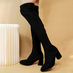 Women's Thigh High Boots Chunky Heel Slip On Shoes