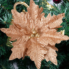 4pcs Christmas Flower Head - 24cm Artificial, Flashing Silvery Gold Brown