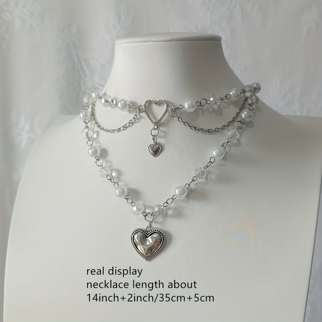 Silver Heart Beaded Choker Necklace Y2K Jewelry