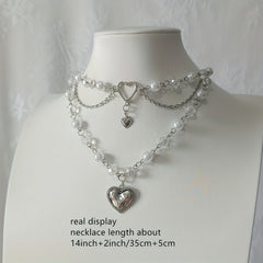 Silver Heart Beaded Choker Necklace Y2K Jewelry