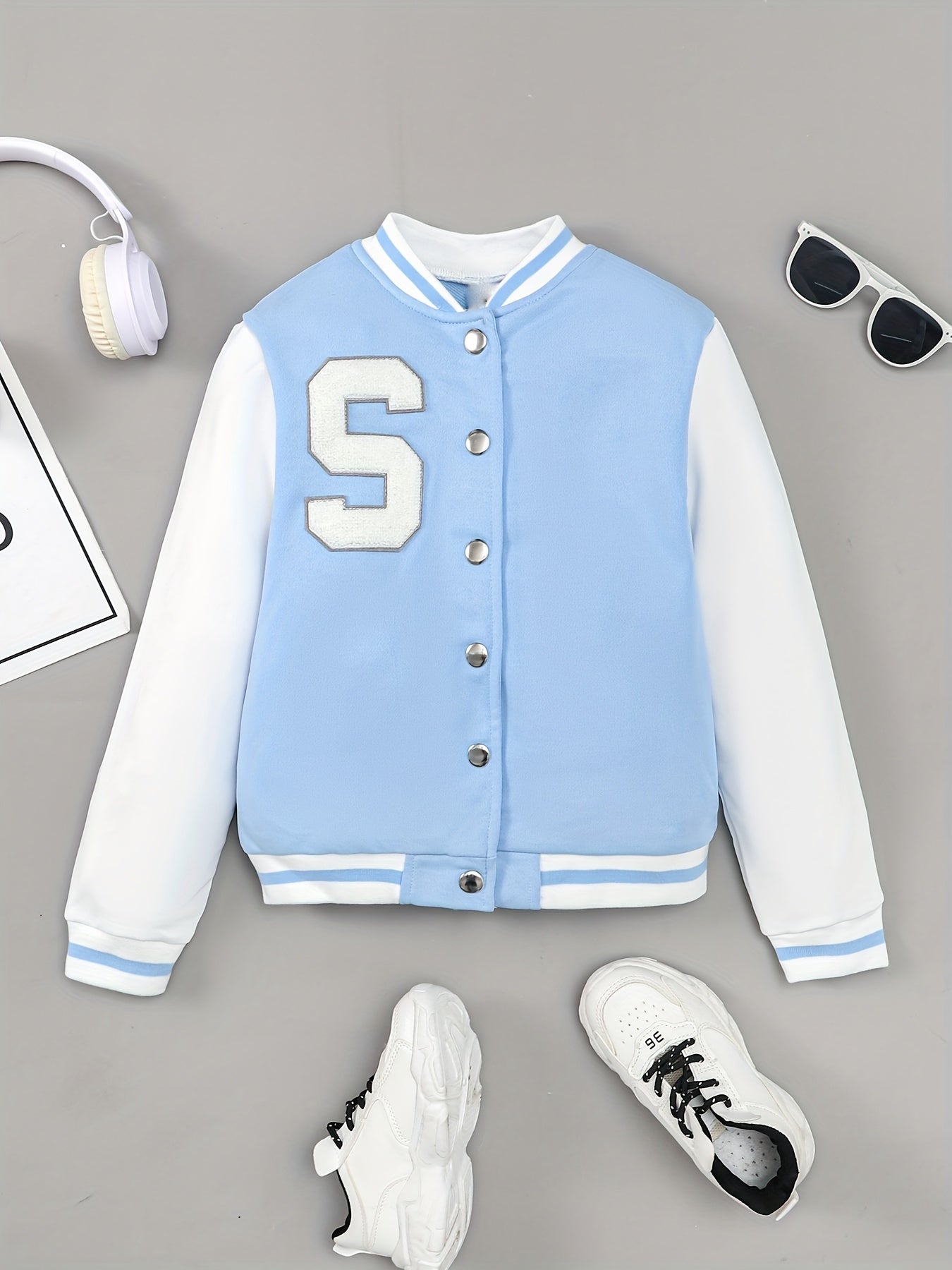 Boys Casual Block Letter Print Long Sleeve Button Down Baseball Jacket