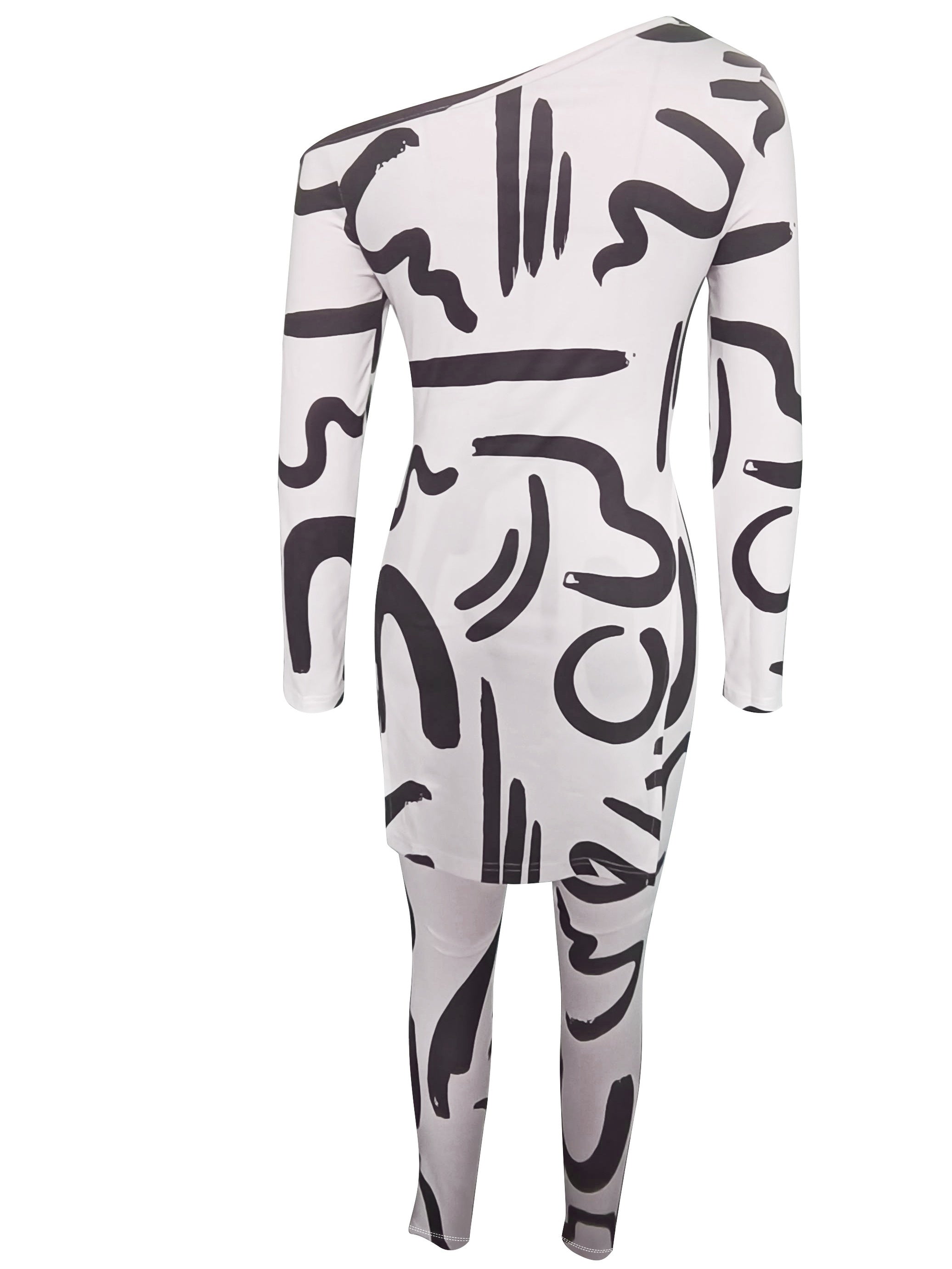 Abstract Print Two Piece Set Slanted Shoulder Split Tops & Slim Pants