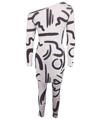 Abstract Print Two Piece Set Slanted Shoulder Split Tops & Slim Pants