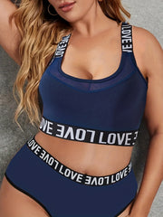 Women's Plus Letter Print Mesh Crisscross Sports Bra With Phone Pockets