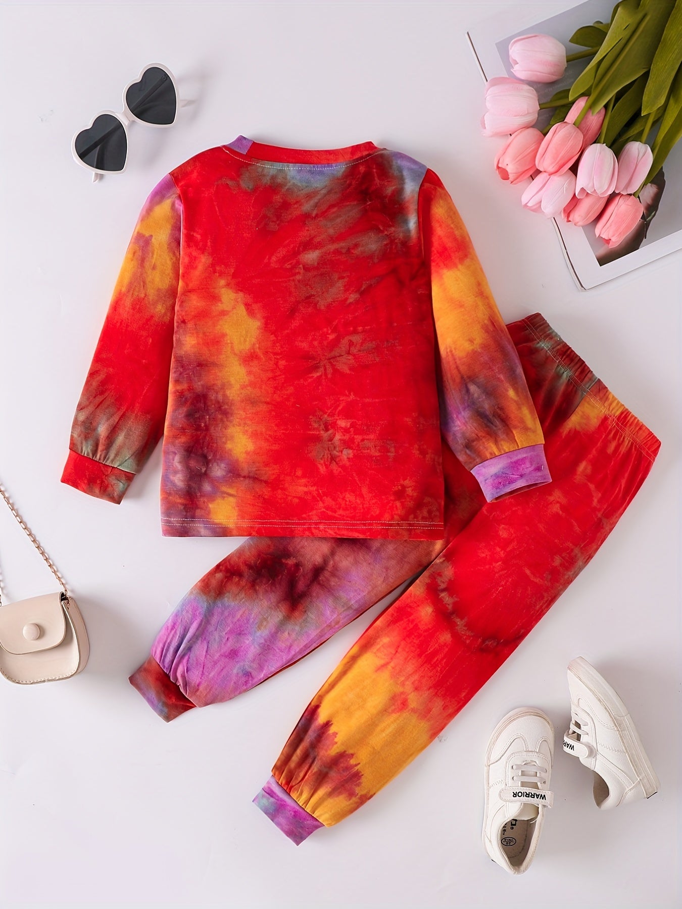 Girls' Rainbow Tie Dye Print Set, Long-sleeved Trousers