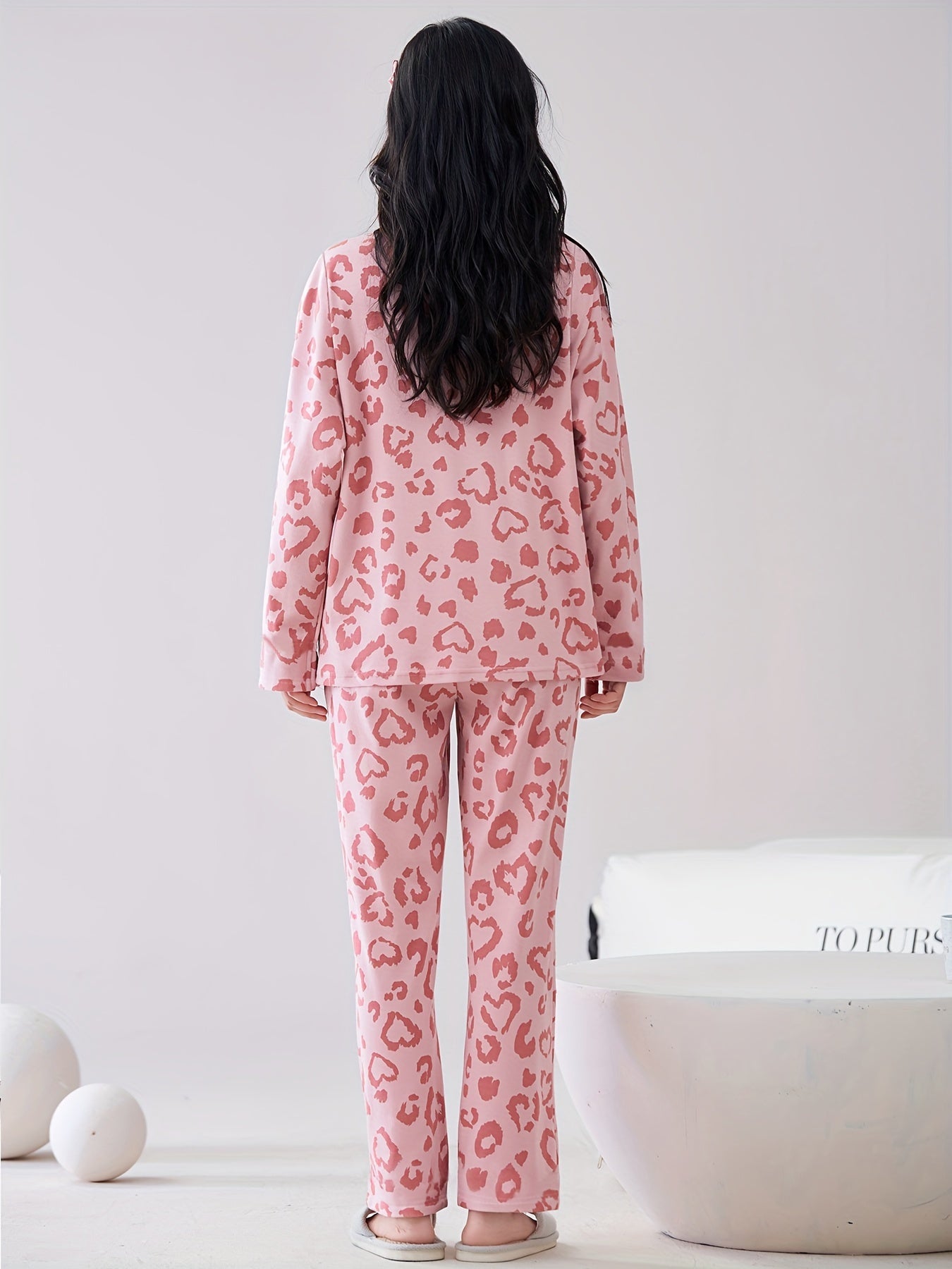 Leopard Print Pajama Set Long Sleeve Top & Elastic Waistband Pants