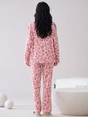 Leopard Print Pajama Set Long Sleeve Top & Elastic Waistband Pants