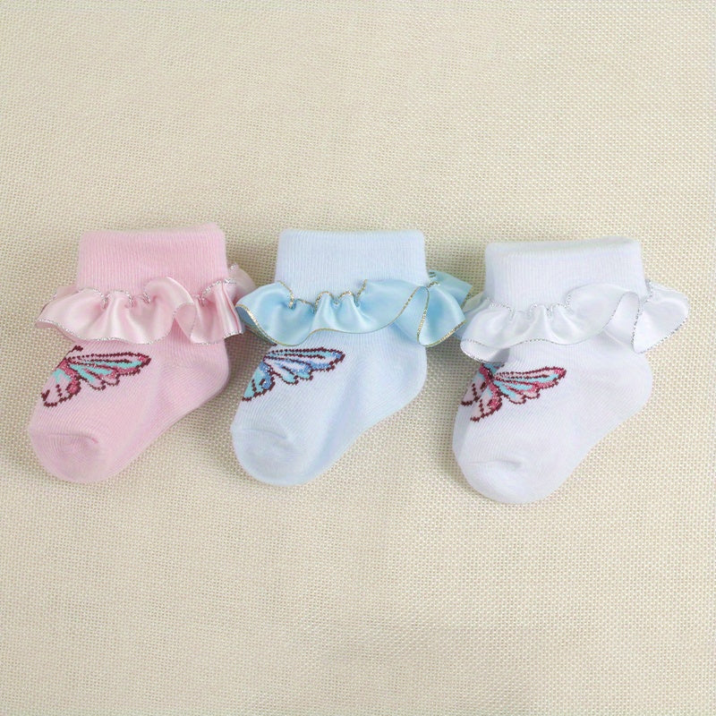 3 Pairs Baby Girl Dress Socks Butterfly Pattern Lace Ruffled Socks