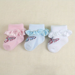 3 Pairs Baby Girl Dress Socks Butterfly Pattern Lace Ruffled Socks