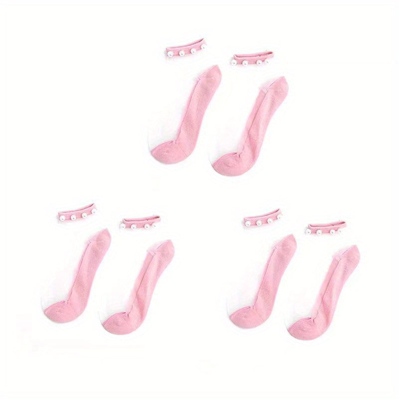 3 Pairs Girls Pearl Edge Glass Silk Crystal Socks Kids Breathable Ankle Socks