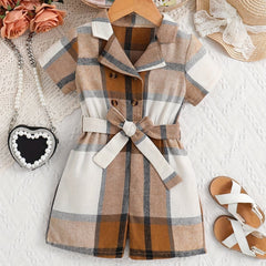 Girls' Plaid Romper Jumpsuit With Belt Kids Party Vacation Outfit