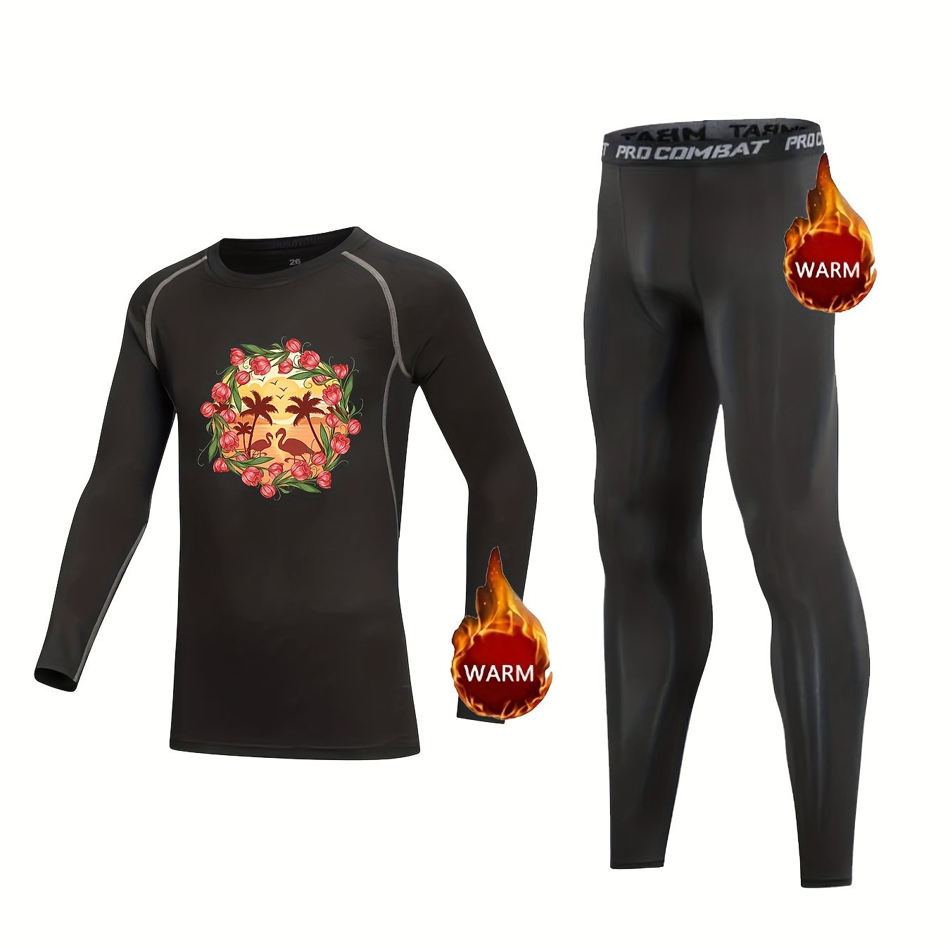 2pcs Kids Warm Compression Base Set Coconut Tree Print Shirt & Pants