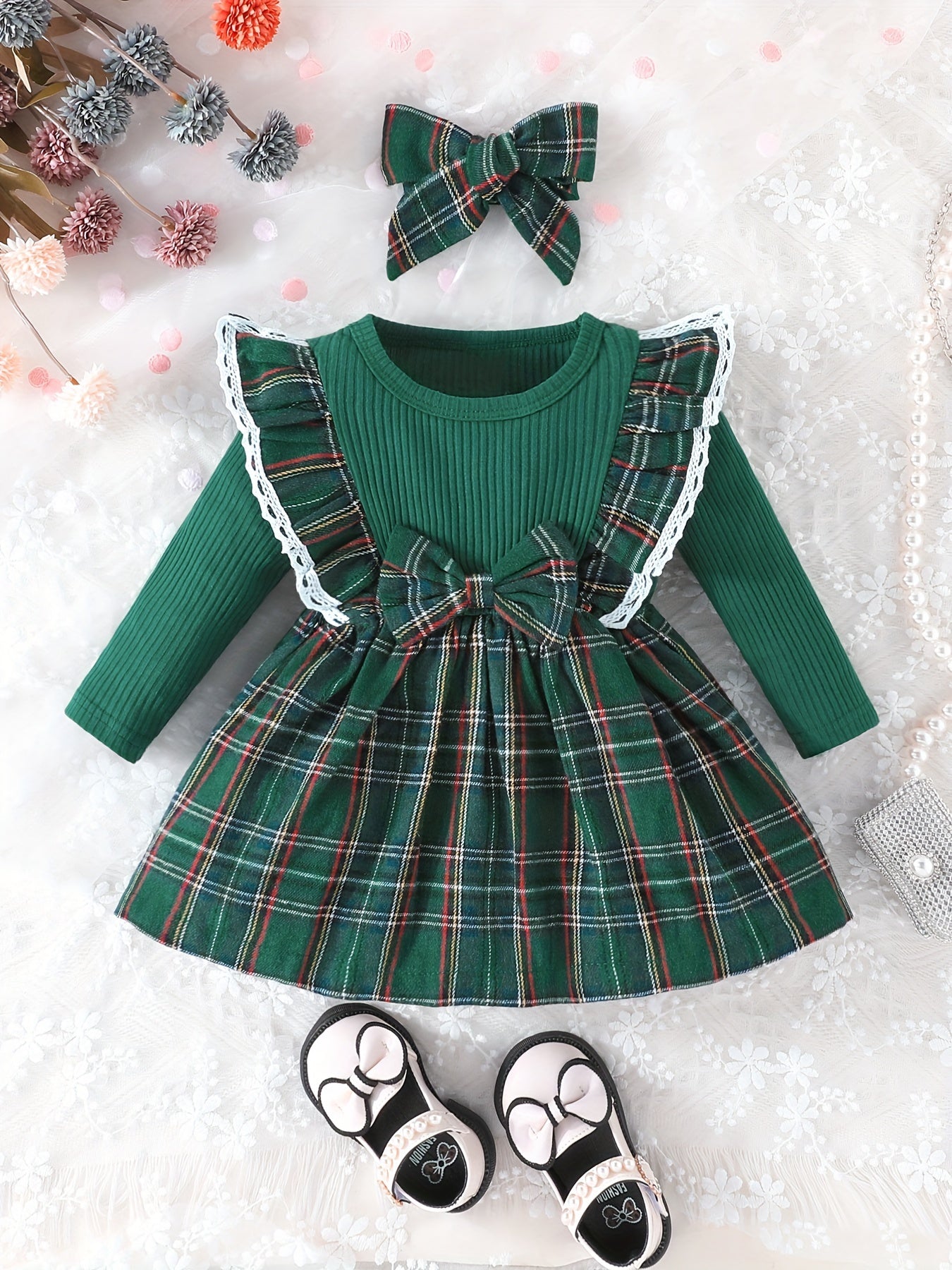 Baby Girl Ruffle Trim Plaid Dress Headband Set