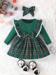 Baby Girl Ruffle Trim Plaid Dress Headband Set