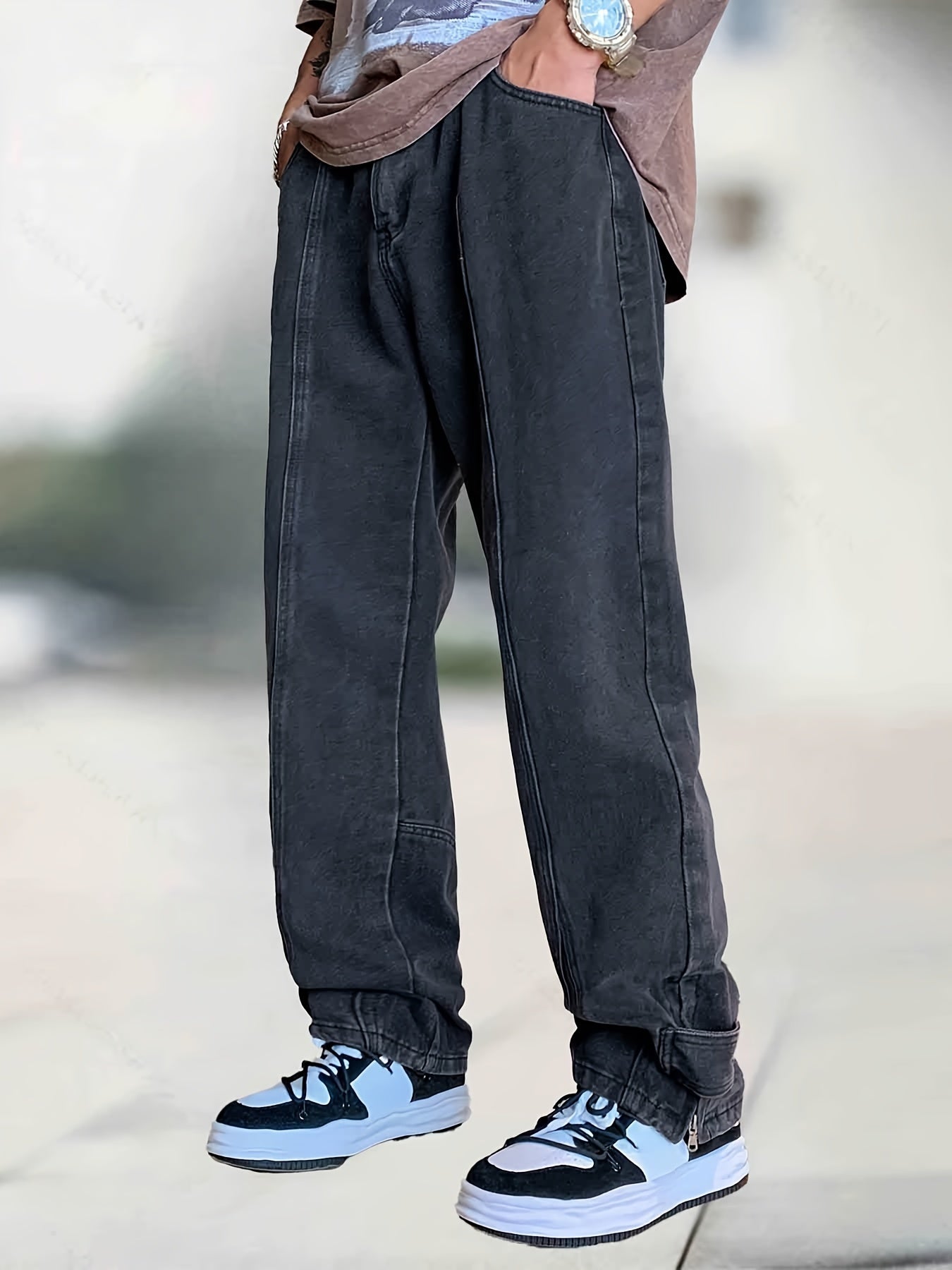 Classic Straight Leg Jeans Mens Casual Street Style Distressed Denim Pants