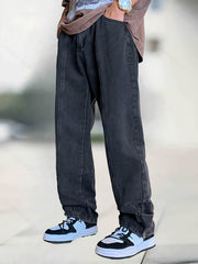 Classic Straight Leg Jeans Mens Casual Street Style Distressed Denim Pants