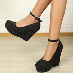 Women's Stylish Wedge Heel Shoes Buckle Strap Platform Heels Suede Party Pumps