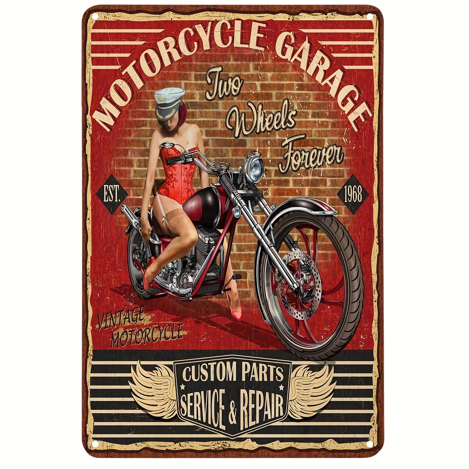 Vintage Metal Sign Pin Up Girl Motorcycle Tin Sign Motor Garage Red