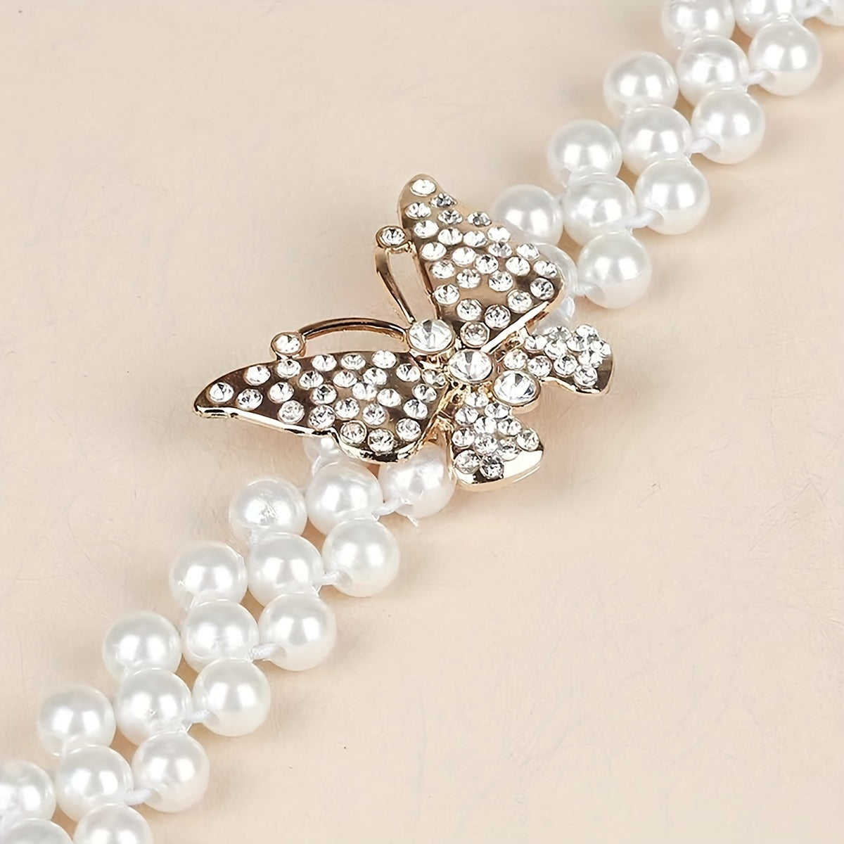 Butterfly Buckle Faux Pearl Belt Rhinestone Decor Elastic Waistband