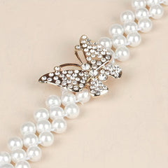 Butterfly Buckle Faux Pearl Belt Rhinestone Decor Elastic Waistband