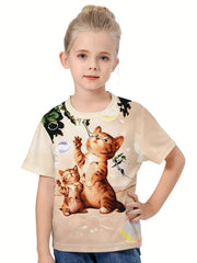 3D Kitty Print T shirt for Girls Boys Summer Sports