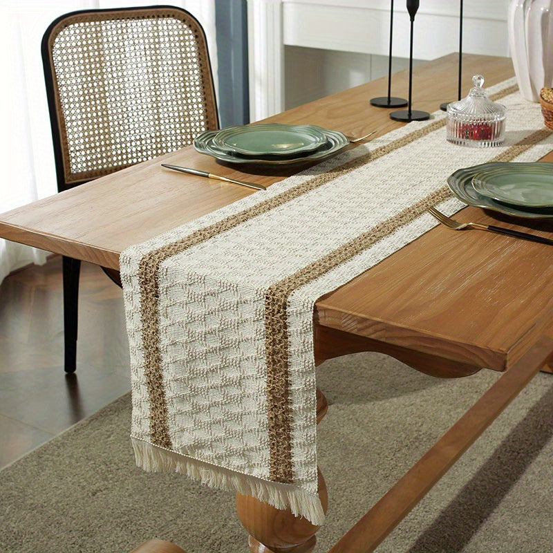 Bohemian Linen Thread Woven Crochet Table Runner with Tassels