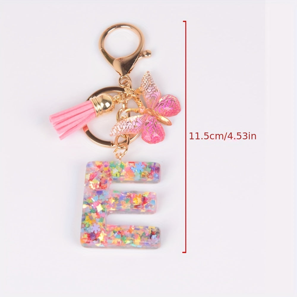 Resin Initial Letter Keychain Butterfly Pendant Glitter Animal Key Ring