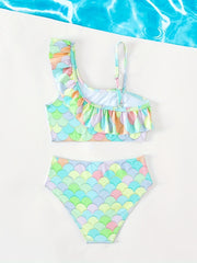 Girl's Mermaid Fish Scale Swimsuit Bikini Set Ruffle Decor Cami Top & Briefs