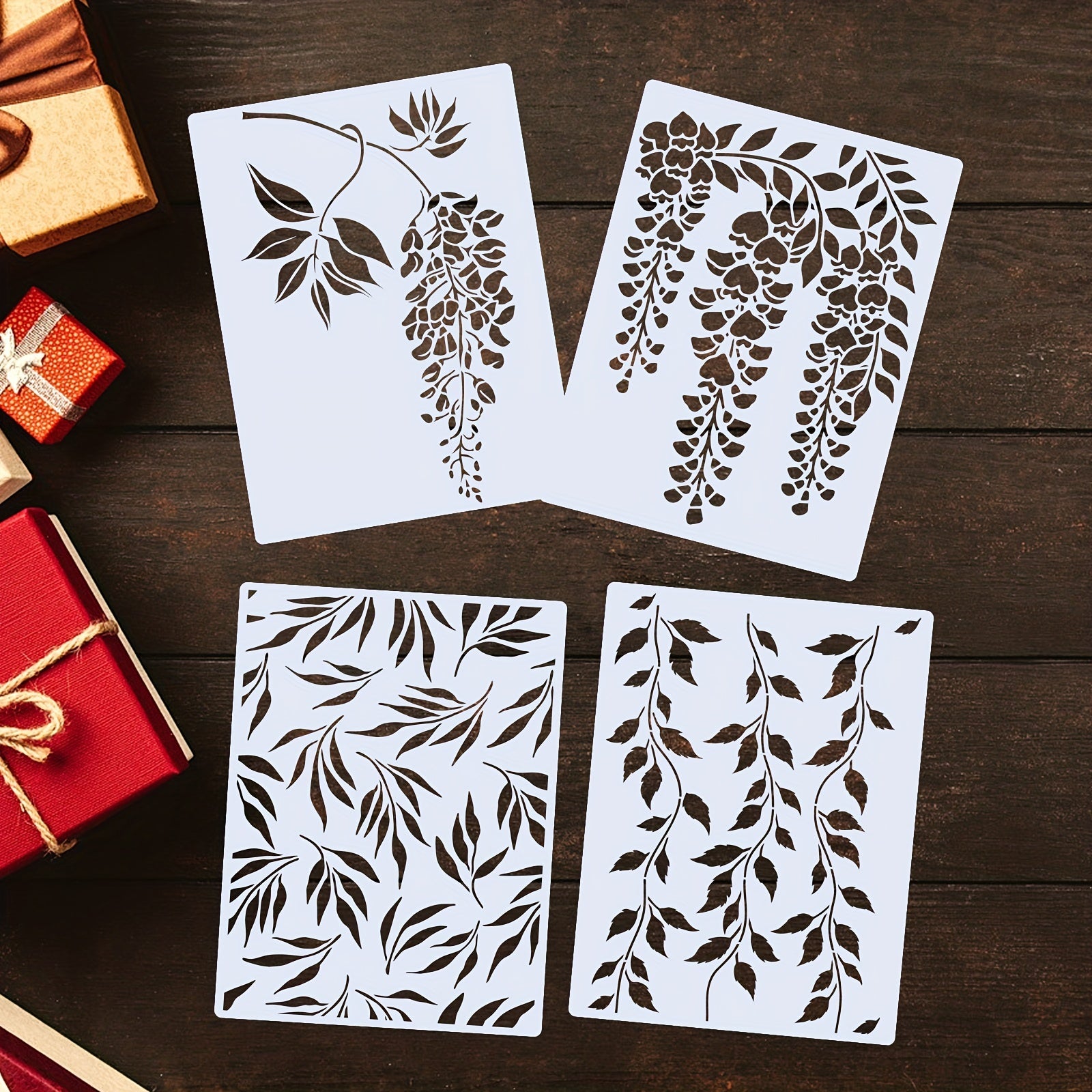 4pcs Flowers Leaves Painting Stencils - Reusable Plastic S