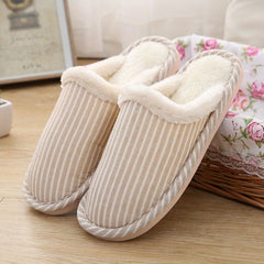 Plush Lined Striped Slippers Warm Flat Shoes Home Fuzzy Slippers