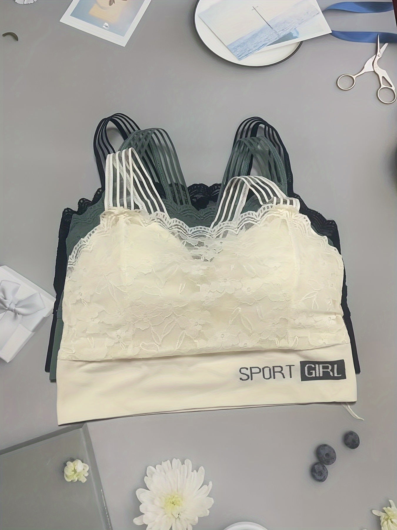 3pcs Lace Wireless Bras Full Coverage Bra Women's Lingerie