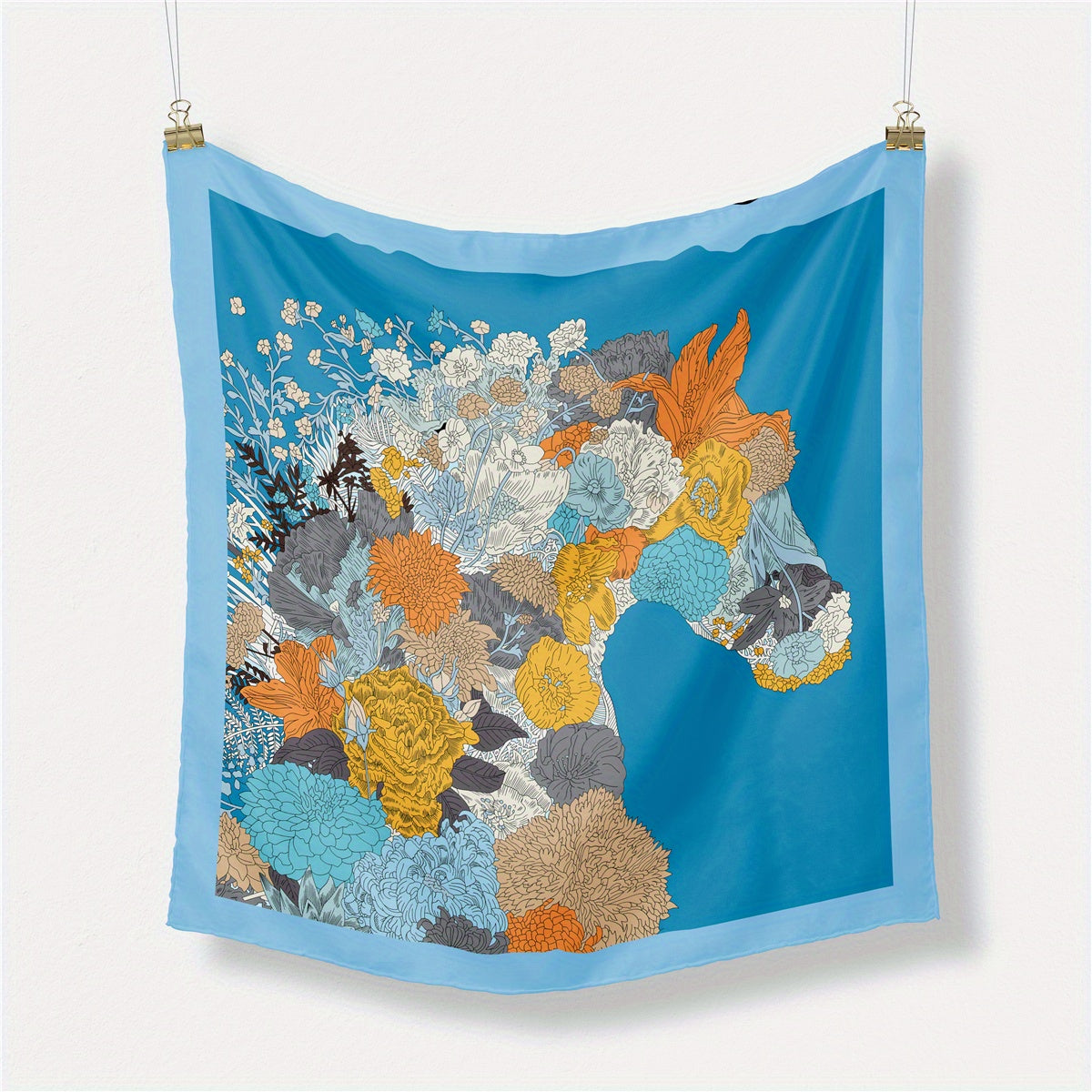 Horse Flower Print Satin Square Scarf Neckerchief Bandana for Women