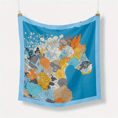 Horse Flower Print Satin Square Scarf Neckerchief Bandana for Women
