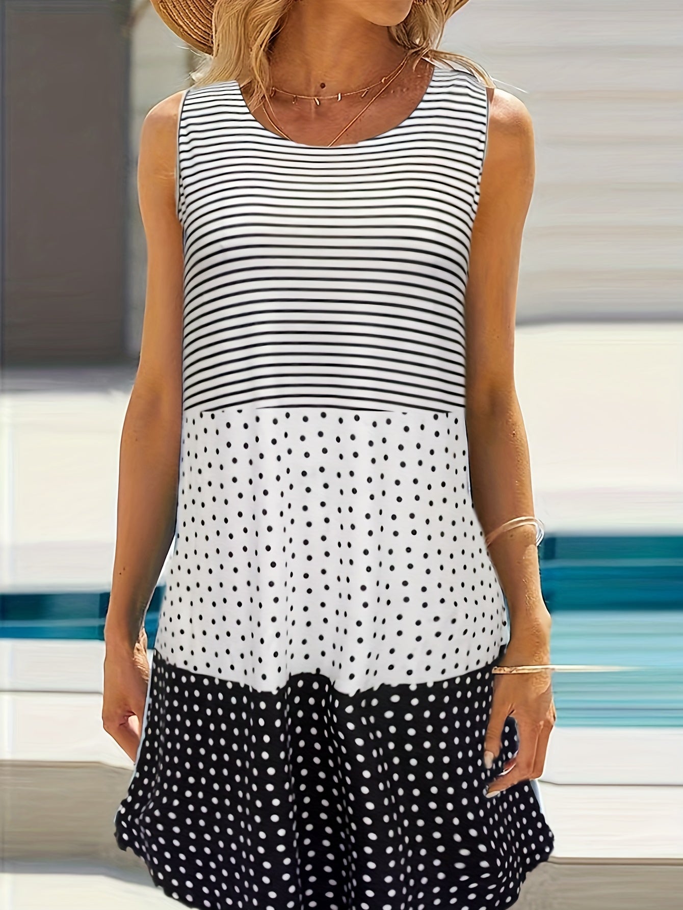 Colorblock Pin Dots & Stripe Print Tank Dress