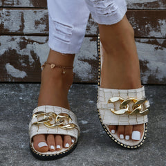 Metal Chain Decor Flat Slippers Open Toe Non Slip Patent Leather Slides