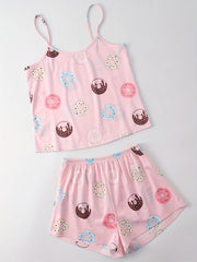 Donut Print Pajama Set Crew Neck Cami Top & Elastic Waistband Shorts