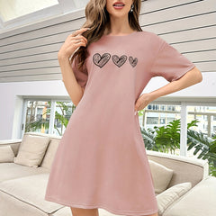 Heart Print NightDress Short Sleeve Crew Neck Pajama Dress Women's Sleepwear