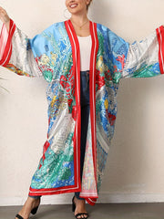 Boho Kimono Women's Plus Colorblock Print Long Sleeve Cover Up