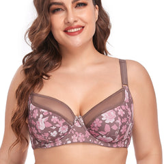 Contrast Lace Floral Print Sheer Underwire Bra Plus Size Full Coverage Bralette